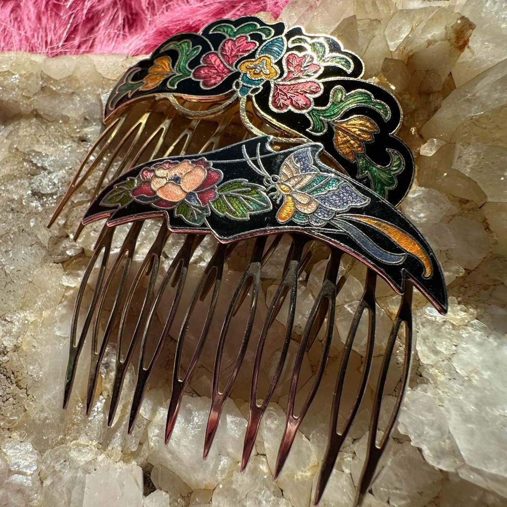 Pair-vintage mid century cloisonné butterfly gold hair combs